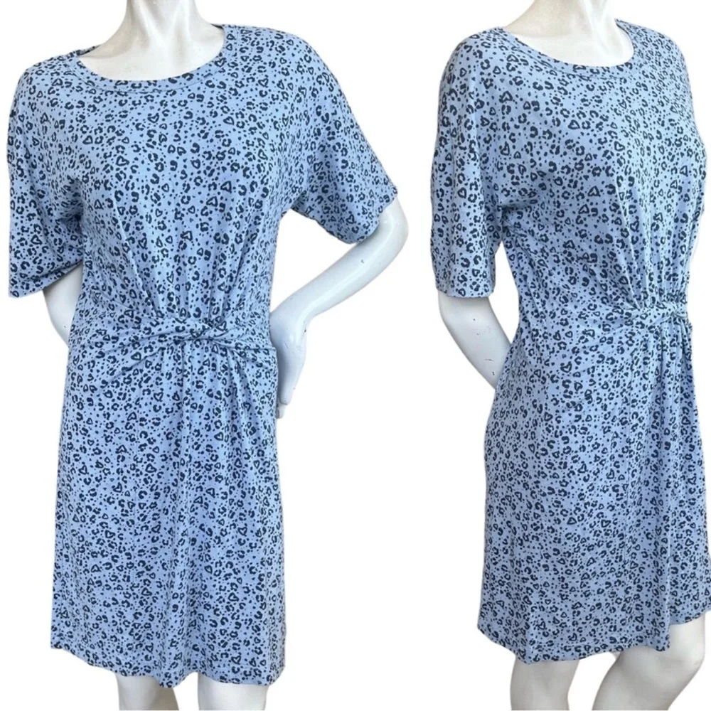 Aerie Blue Twist Front Short Sleeve Leopard Print Casual Tee Shirt Dress Medium
